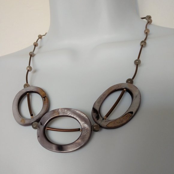 Handmade Gray And Brown Statement Necklace With Shells Agate Copper Plated Tubes - Picture 1 of 16